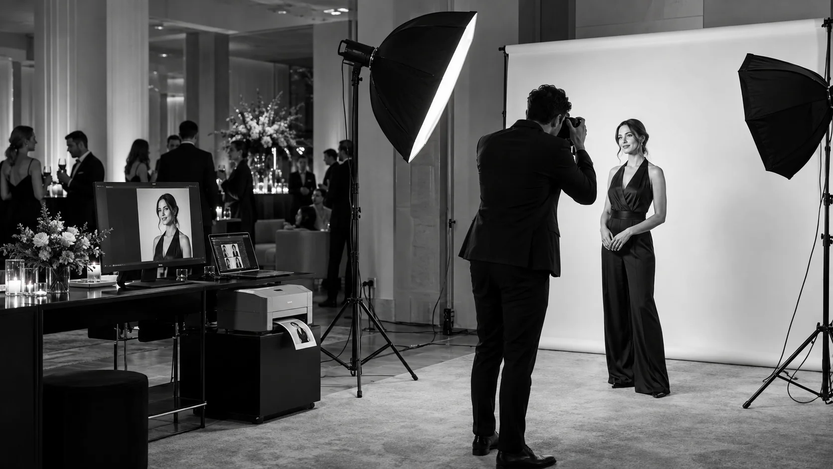 Fotógrafo retratando a una invitada en un set con fondo blanco, iluminación de estudio y estación de impresión dentro de un evento