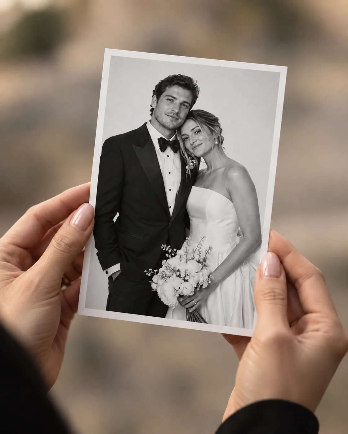 Manos sosteniendo una fotografía impresa de una pareja de novios en blanco y negro