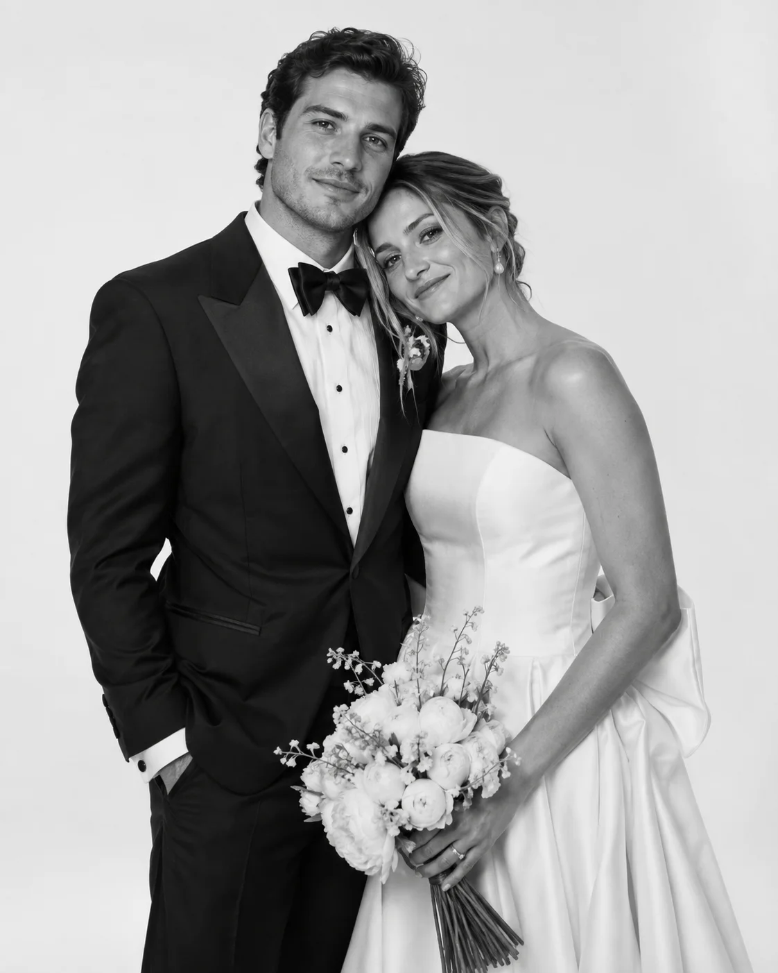 Retrato en blanco y negro de una pareja de novios, ella con un ramo de flores y él con traje oscuro y corbatín
