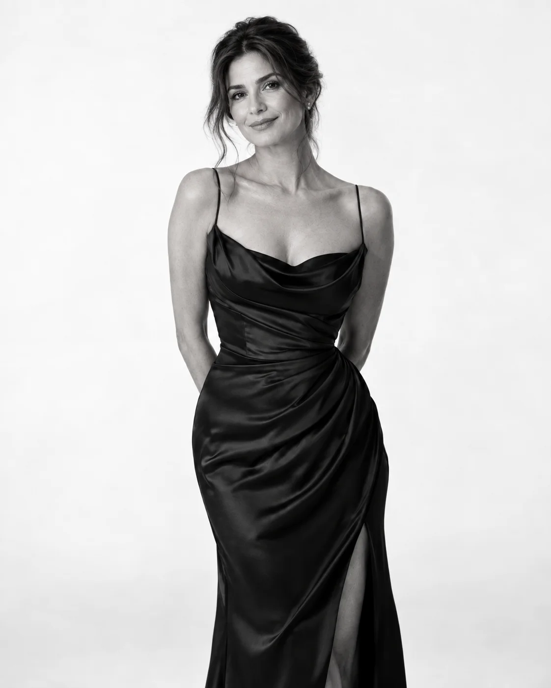 Retrato en blanco y negro de una mujer con vestido oscuro de tirantes frente a un fondo claro