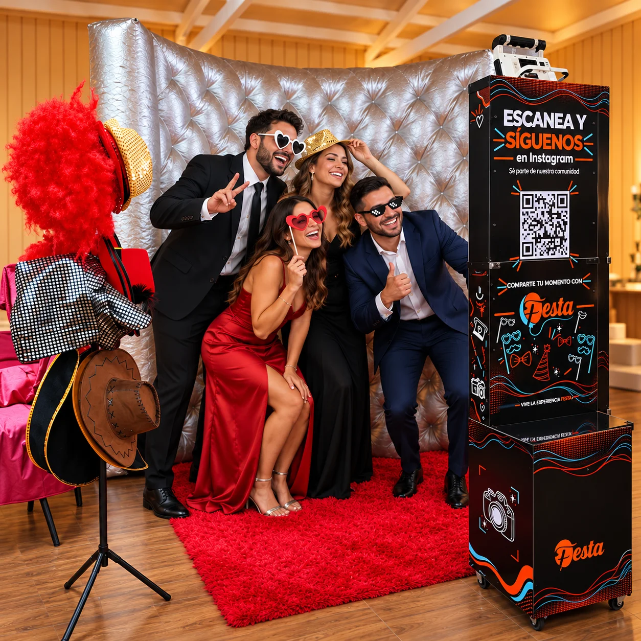 Invitados con accesorios posando junto al Tótem Fotográfico Festa