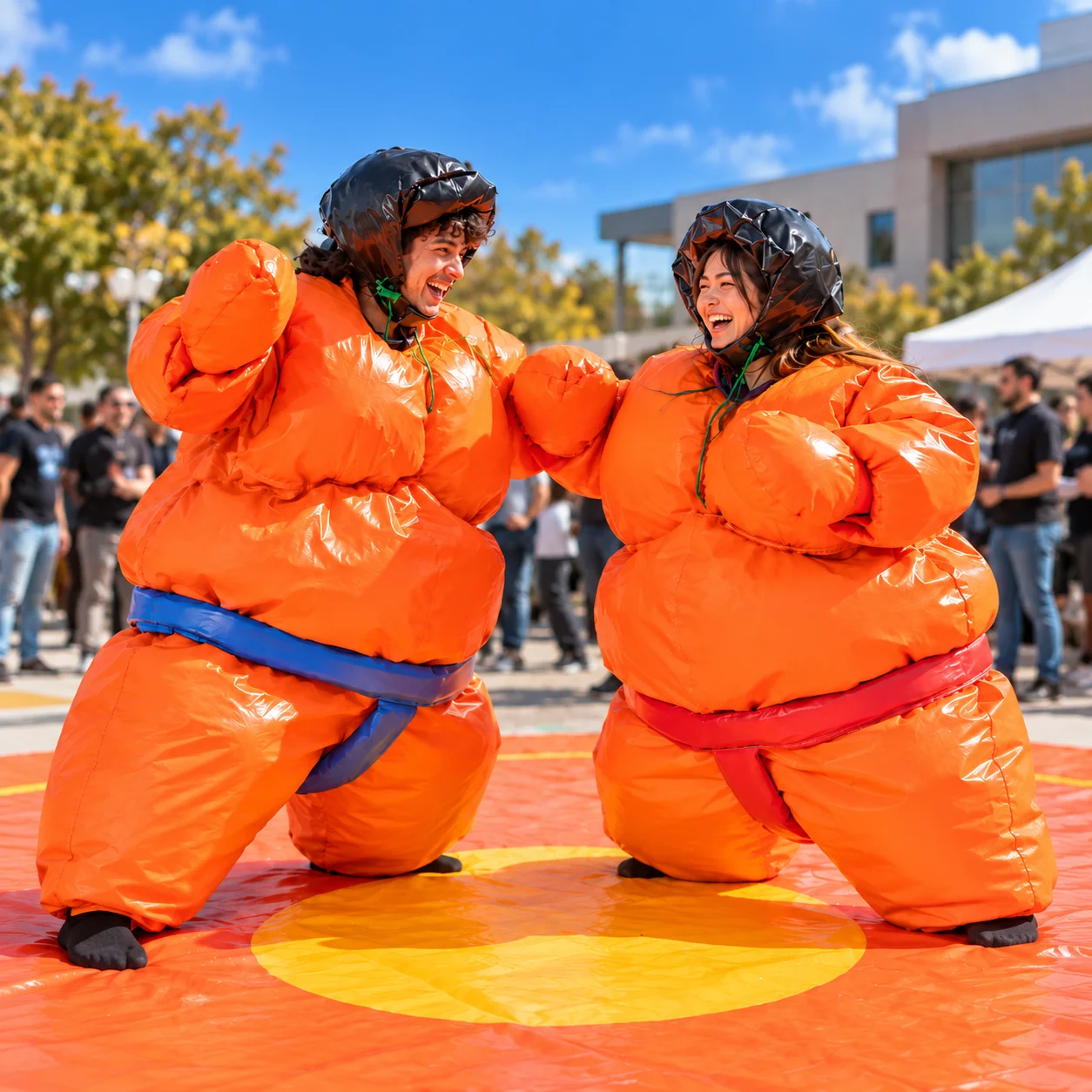 Dos participantes riendo con trajes de sumo naranjos sobre una superficie acolchada